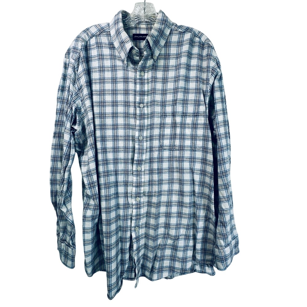 John Ashford Mens XL Blue White Tan Plaid Long Sleeve Cotton Flannel Shirt
